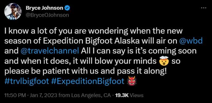 Bryce Johnson Tweet on Expedition Bigfoot season 4 Travel Channel