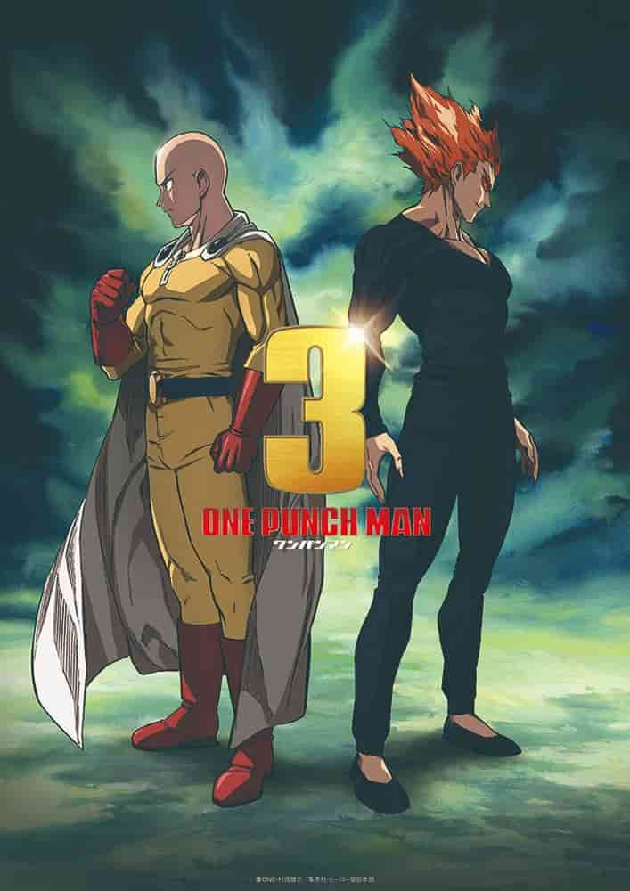 One Punch Man season 3 release date announcement poster featuring Saitama and Garou