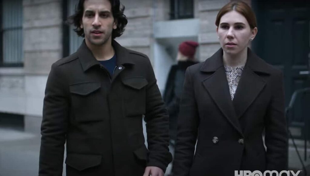 The Flight Attendant season 3 cast showing Michiel Huisman as Alex Sokolov, Zosia Mamet as Annie Mouradian